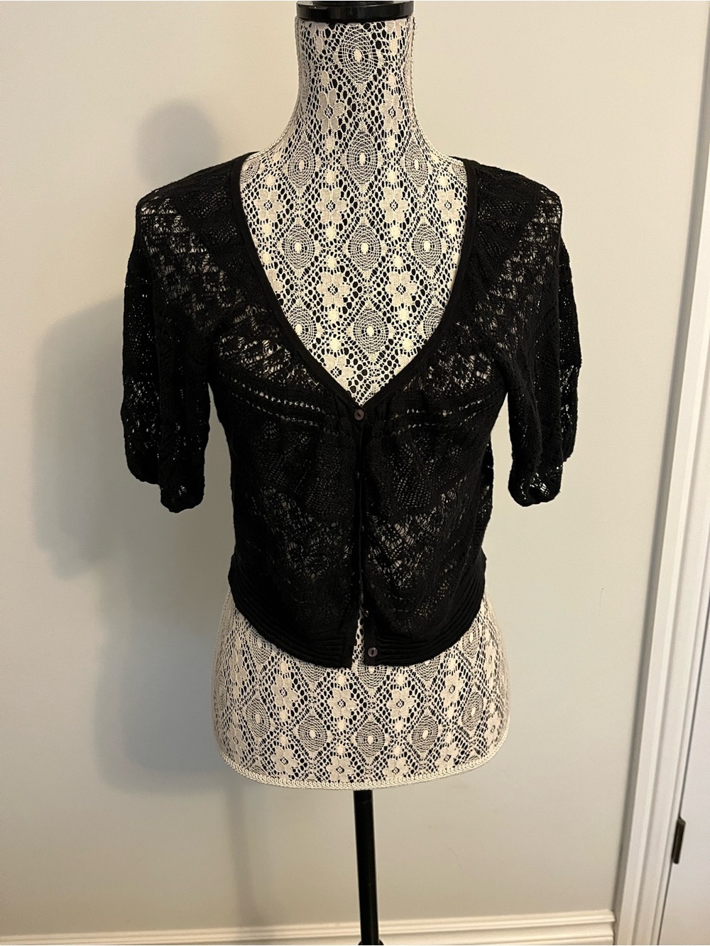 Free People Black Cropped crochet Lace Knit Cardigan